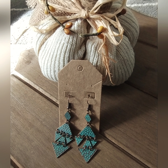 Sculptural, Triangular Tiered Copper tone Dangle Earrings - Picture 3 of 11